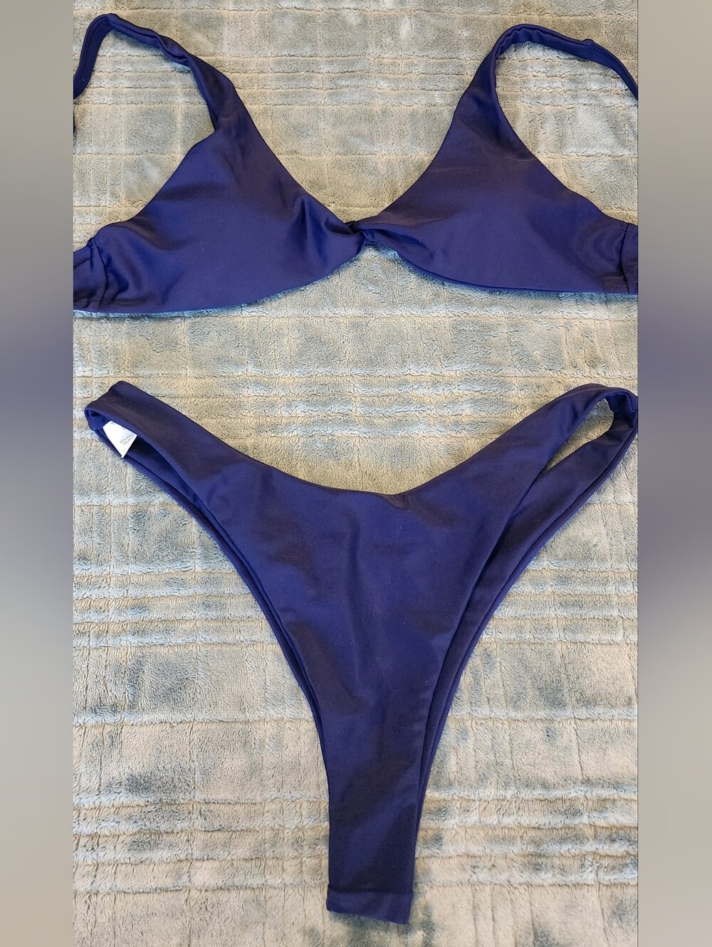 Women's Navy Blue Cheeky Sexy High Waist Thong Two-Piece Bikini Set, L
